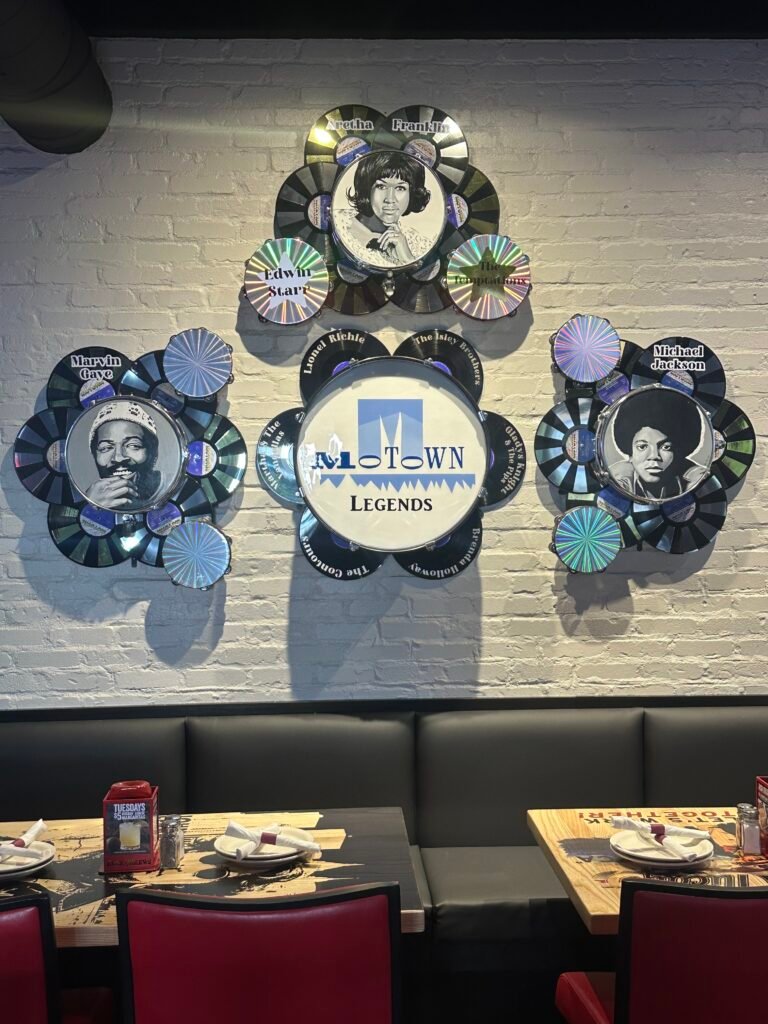 Drumset on the wall of Rock and Brews Royal Oak