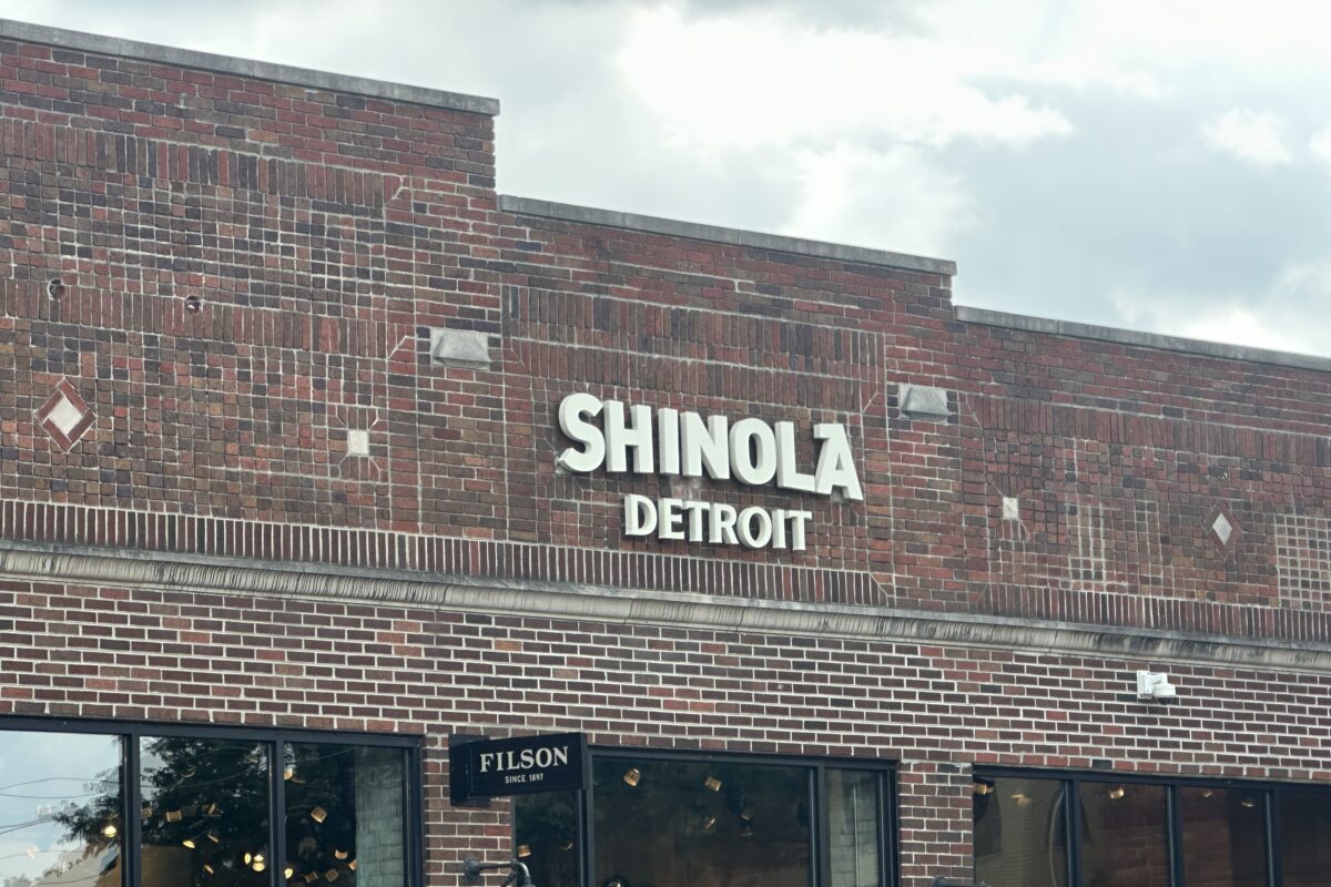 Shinola Detroit flagship store sign on a brick facade on West Canfield Street in Midtown