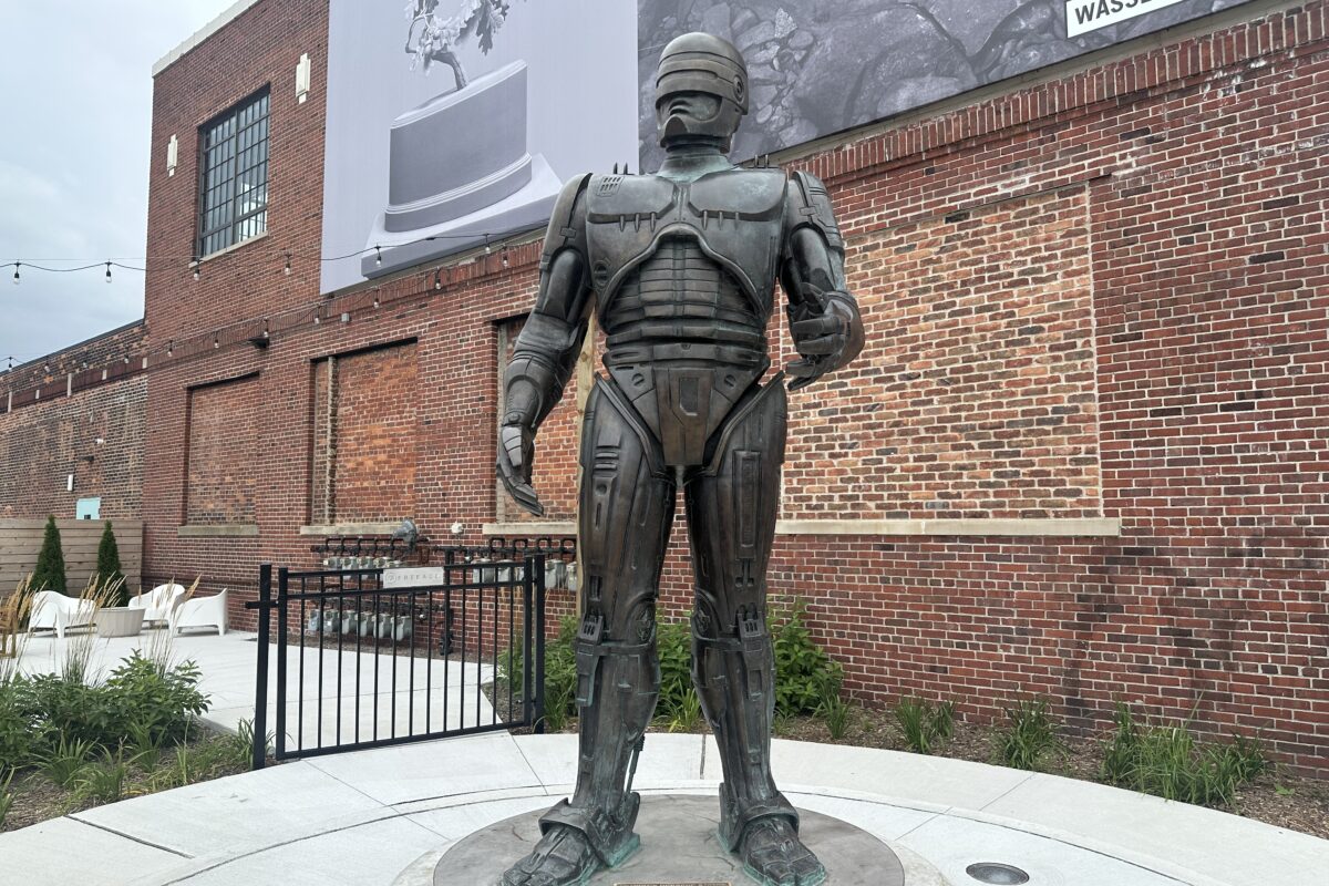 The bronze RoboCop statue at 3434 Russell Street in Detroit's Eastern Market
