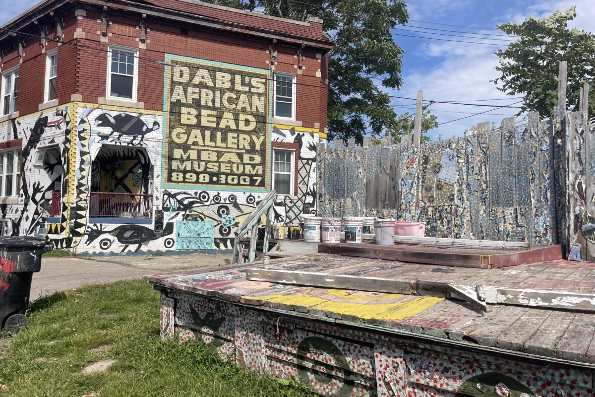 Dabls MBAD African Bead Museum on Grand River Avenue, its building covered in mirror and painted mosaics, Detroit