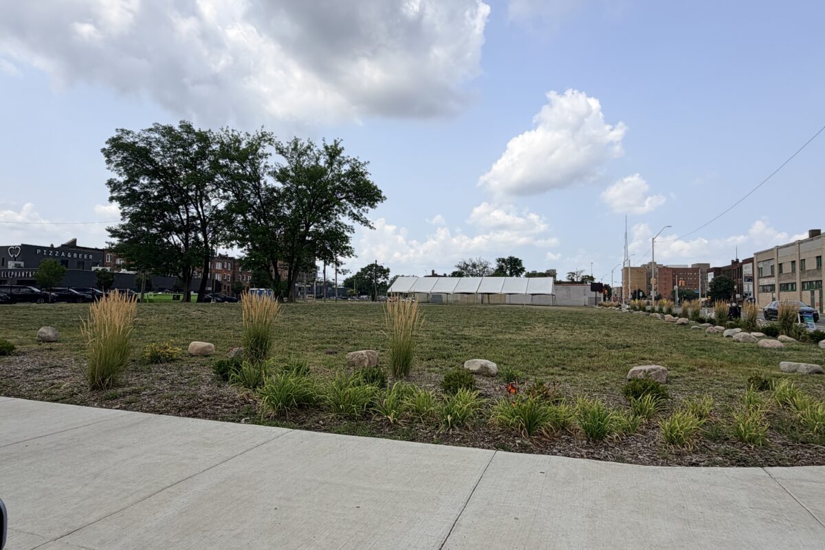 Empty grassy lot at Cass Avenue and Charlotte Street, the former site of the Gold Dollar bar, Detroit