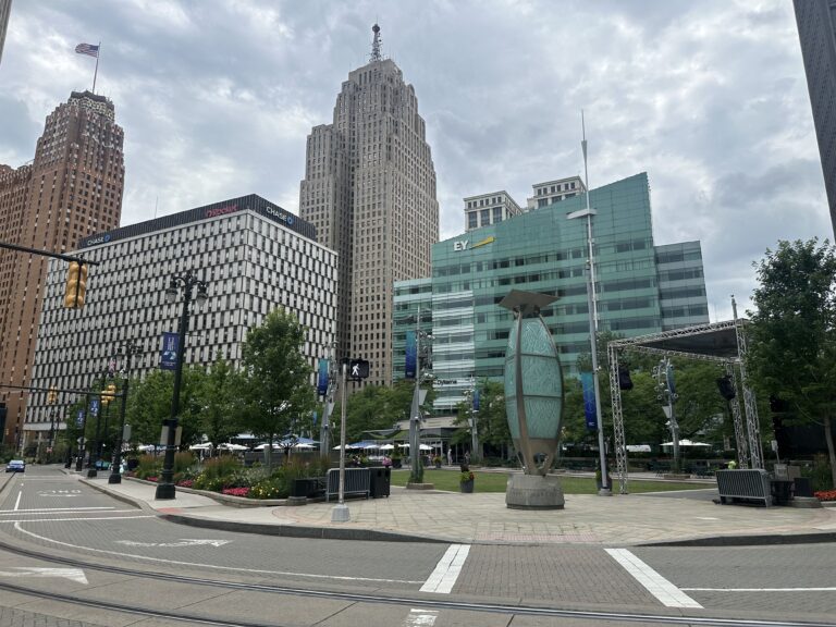 A view of Campus Martius Park from across the street