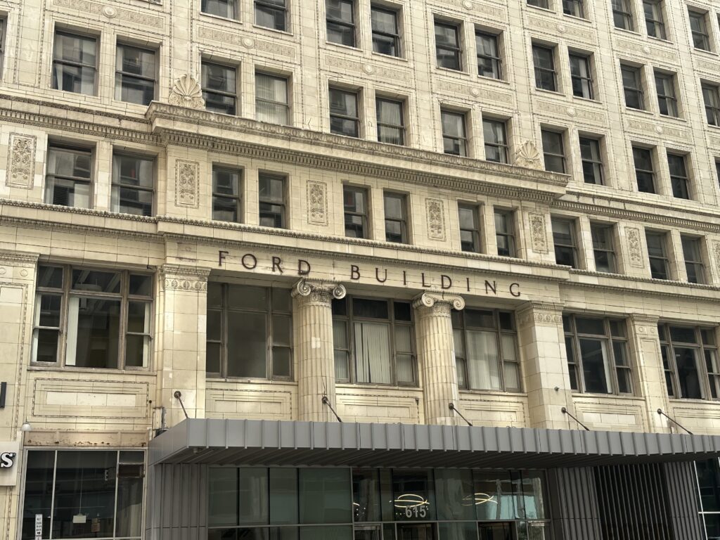 view of the front of the Ford Building Detroit on Griswold