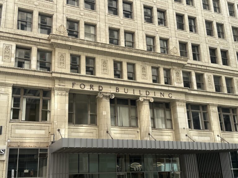 view of the front of the Ford Building Detroit on Griswold