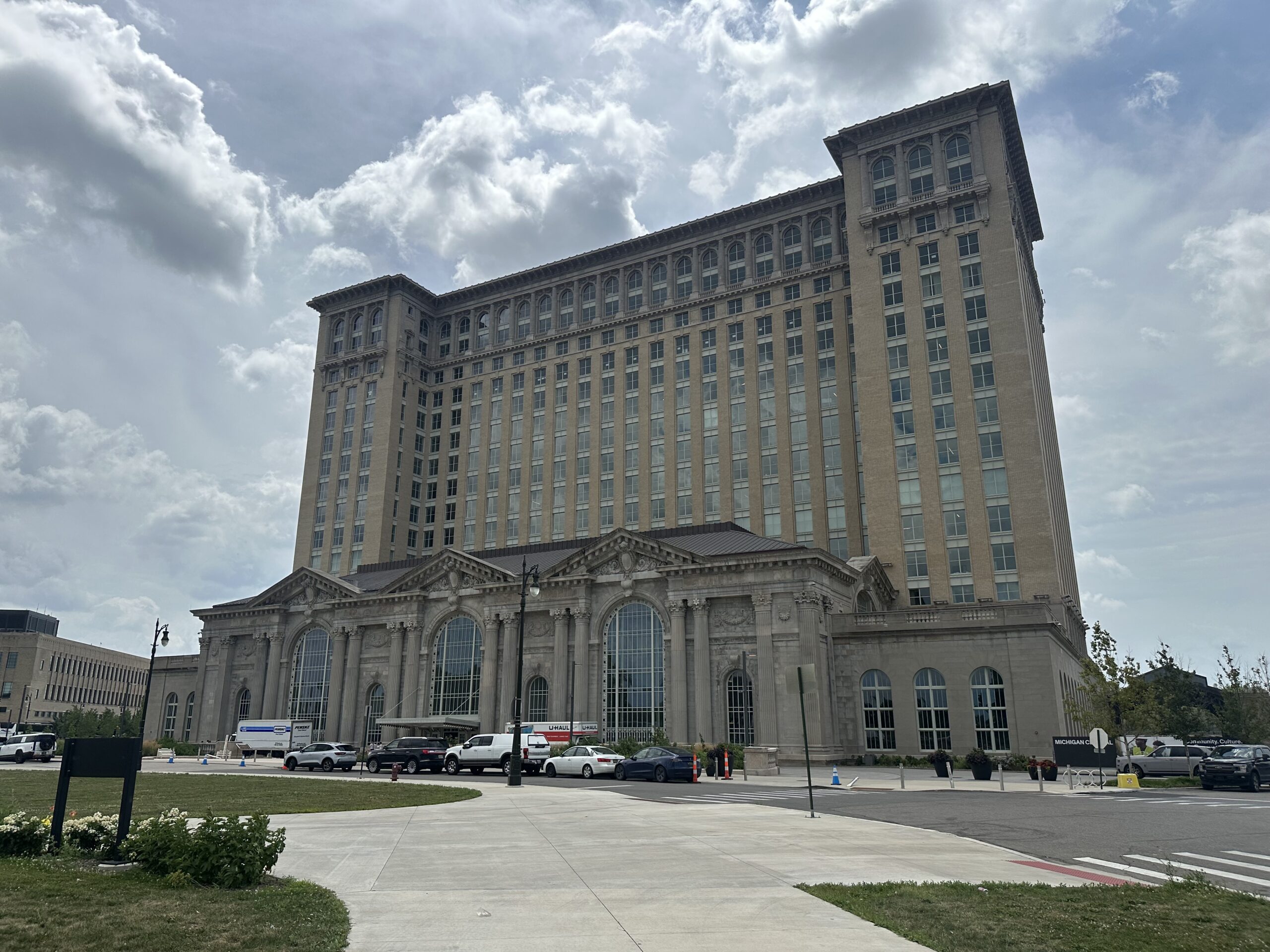 Restored Michigan Central Station in Corktown, Detroit, seen across Roosevelt Park