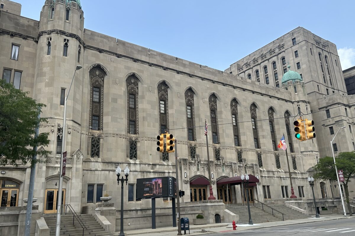 Neo-Gothic facade of the Detroit Masonic Temple on Temple Street in Midtown