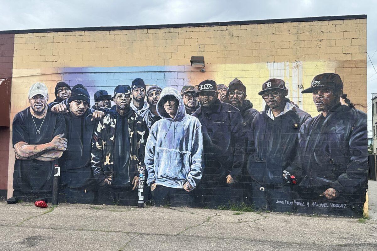 Eminem and D12 mural in Eastern Market, the group in dark clothes with Eminem in a light blue hoodie, Detroit